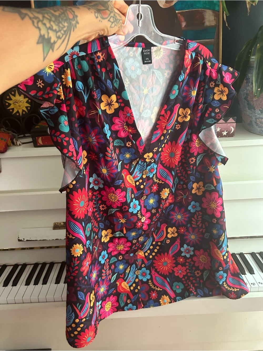 Emery Rose Floral Bird Print Blouse Women’s 4XL Flutter Sleeve V Neck Boho Top